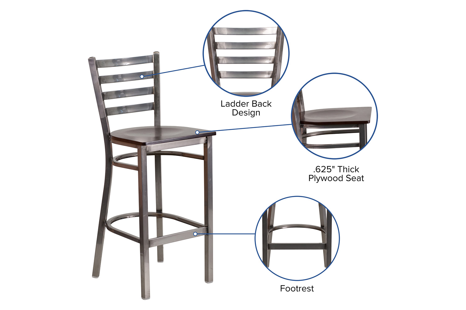 BLNK HERCULES Series Clear Coated Metal Ladder Back Restaurant Bar Stool with Wood Seat - Walnut