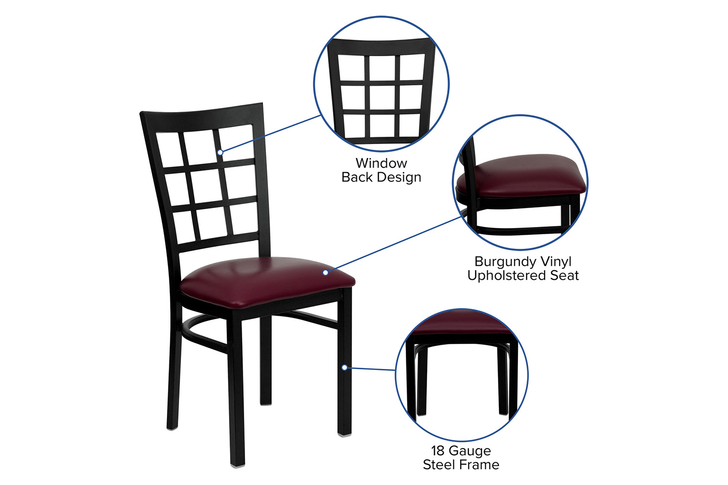 BLNK HERCULES Series Black Metal Window Back Restaurant Chair with Vinyl Seat - Burgundy