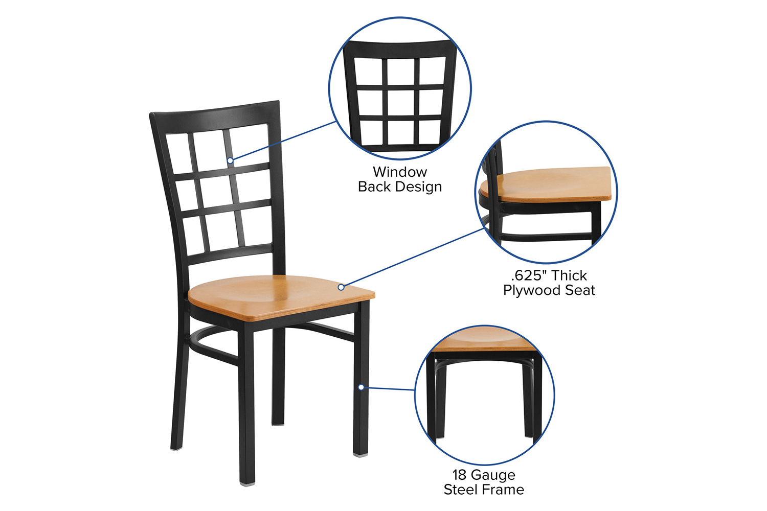 BLNK HERCULES Series Black Metal Window Back Restaurant Chair with Wood Seat - Natural