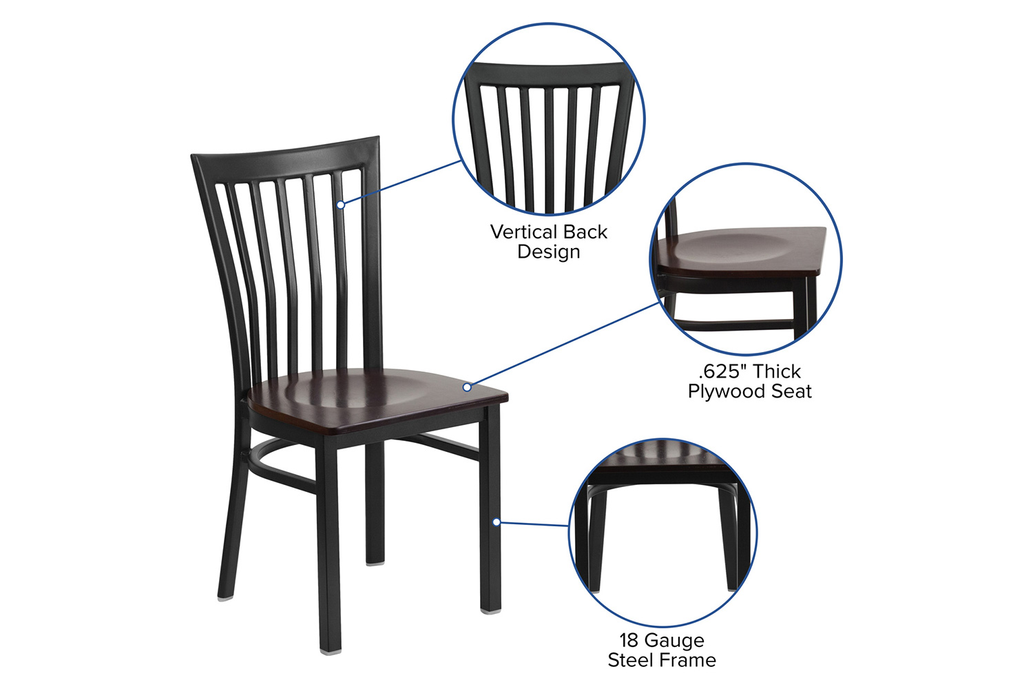 BLNK HERCULES Series Black Metal School House Back Restaurant Chair with Wood Seat - Walnut