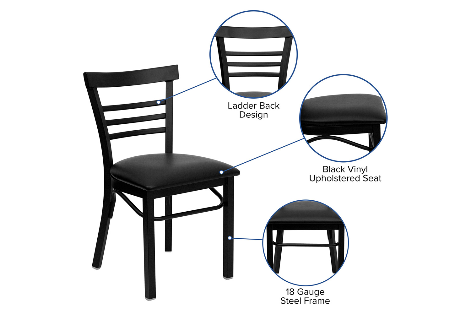 BLNK HERCULES Series Black Metal Three-Slat Ladder Back Restaurant Chair with Vinyl Seat - Black