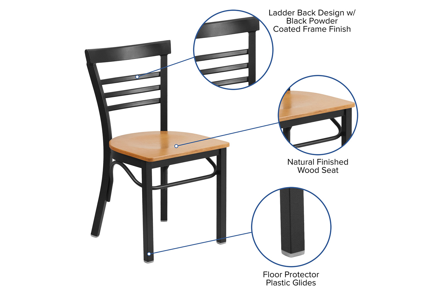 BLNK HERCULES Series Black Metal Three-Slat Ladder Back Restaurant Chair with Wood Seat - Natural