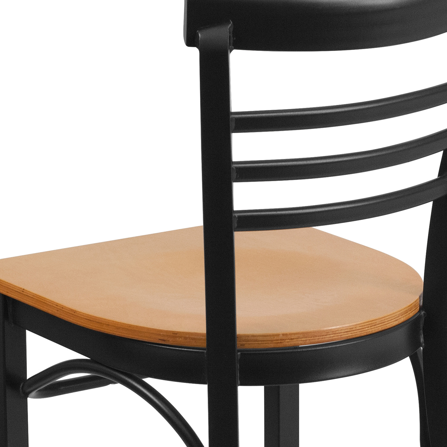 BLNK HERCULES Series Black Metal Three-Slat Ladder Back Restaurant Chair with Wood Seat - Natural