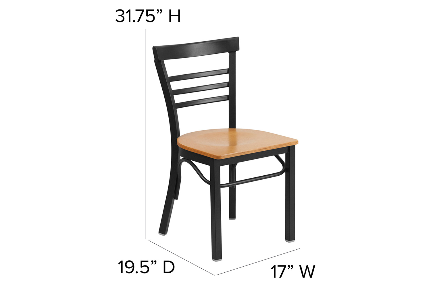 BLNK HERCULES Series Black Metal Three-Slat Ladder Back Restaurant Chair with Wood Seat - Natural