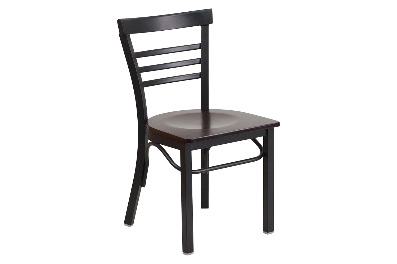 BLNK HERCULES Series Black Metal Three-Slat Ladder Back Restaurant Chair with Wood Seat - Walnut