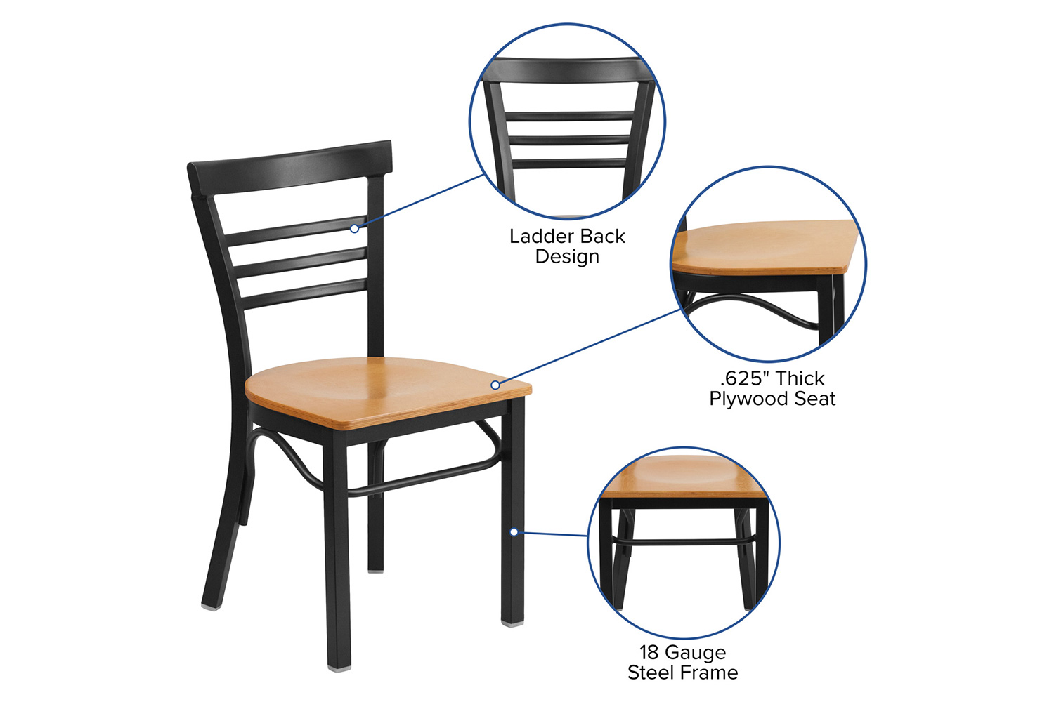 BLNK HERCULES Series Black Metal Three-Slat Ladder Back Restaurant Chair with Wood Seat - Walnut