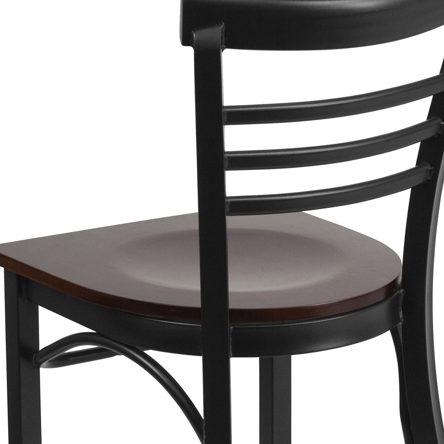 BLNK HERCULES Series Black Metal Three-Slat Ladder Back Restaurant Chair with Wood Seat - Walnut