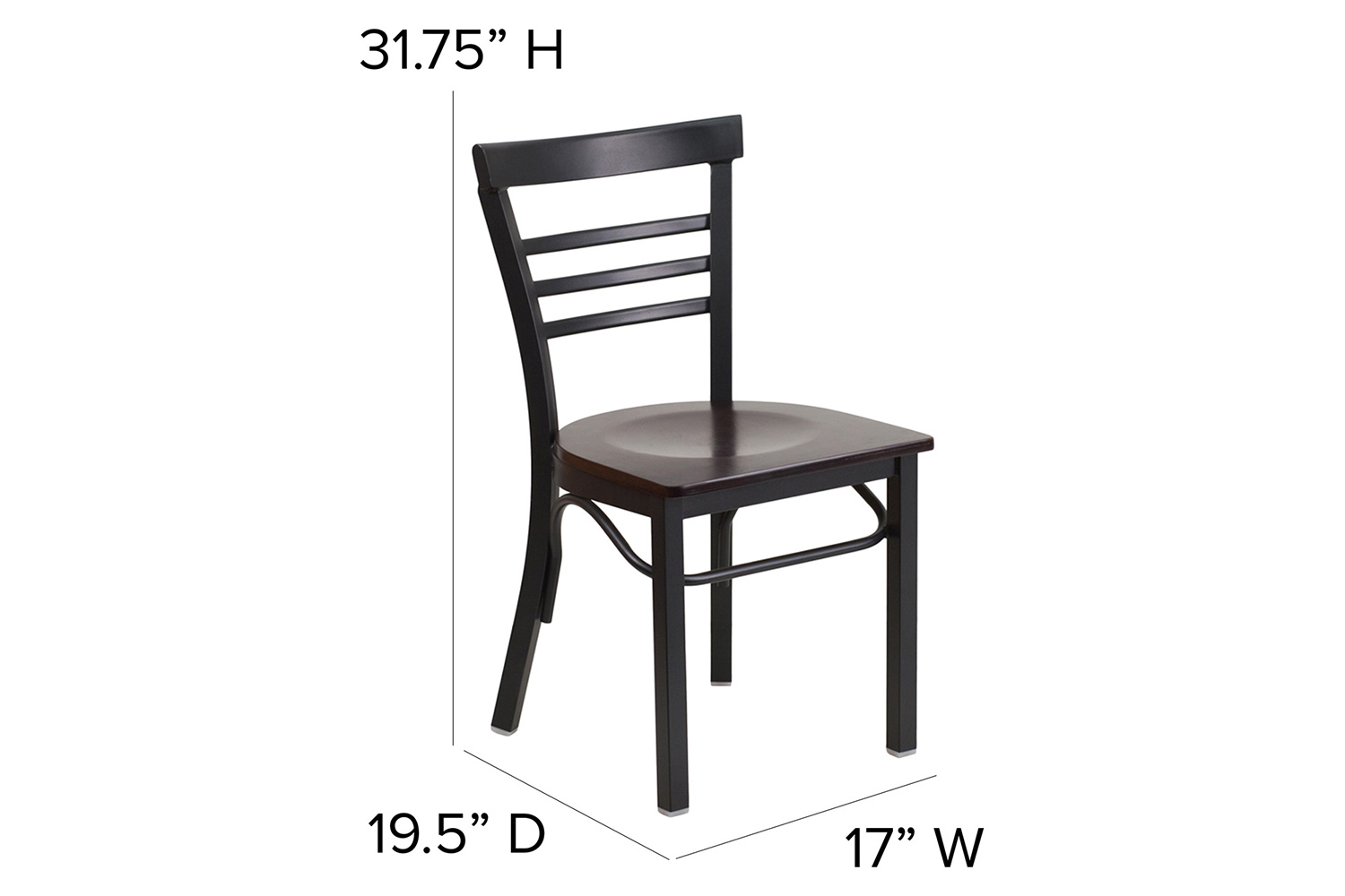 BLNK HERCULES Series Black Metal Three-Slat Ladder Back Restaurant Chair with Wood Seat - Walnut