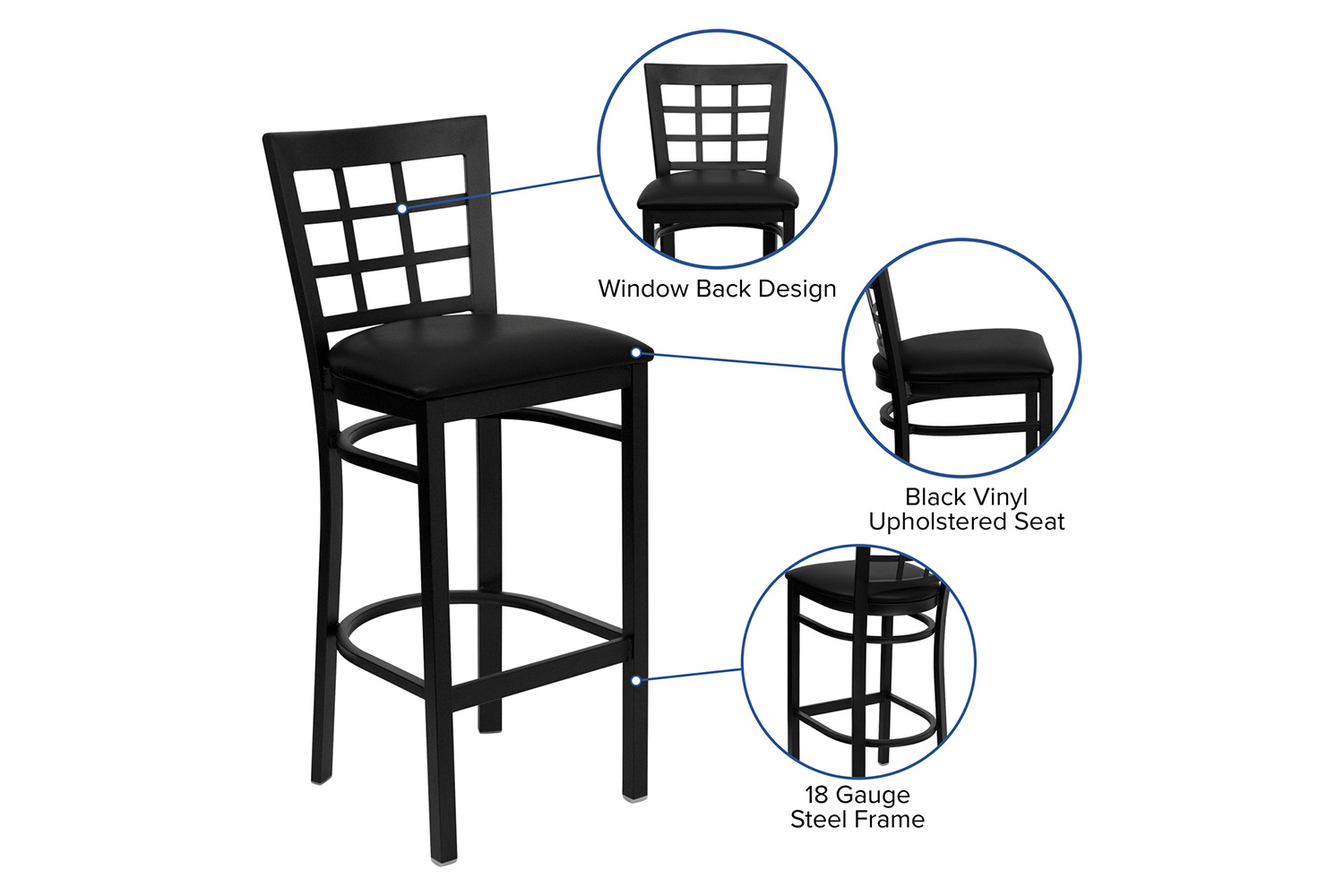 BLNK HERCULES Series Black Metal Window Back Restaurant Bar Stool with Vinyl Seat - Black