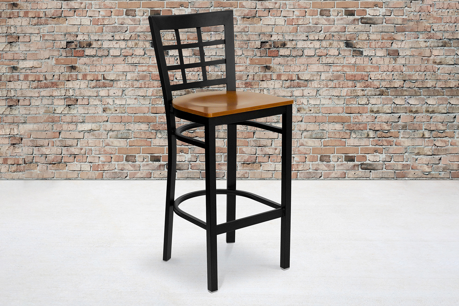 BLNK HERCULES Series Black Metal Window Back Restaurant Bar Stool with Wood Seat