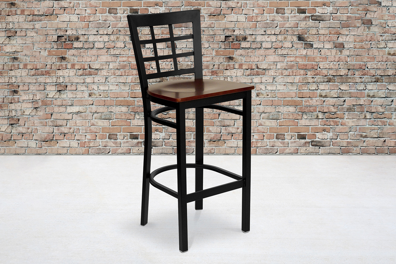 BLNK HERCULES Series Black Metal Window Back Restaurant Bar Stool with Wood Seat