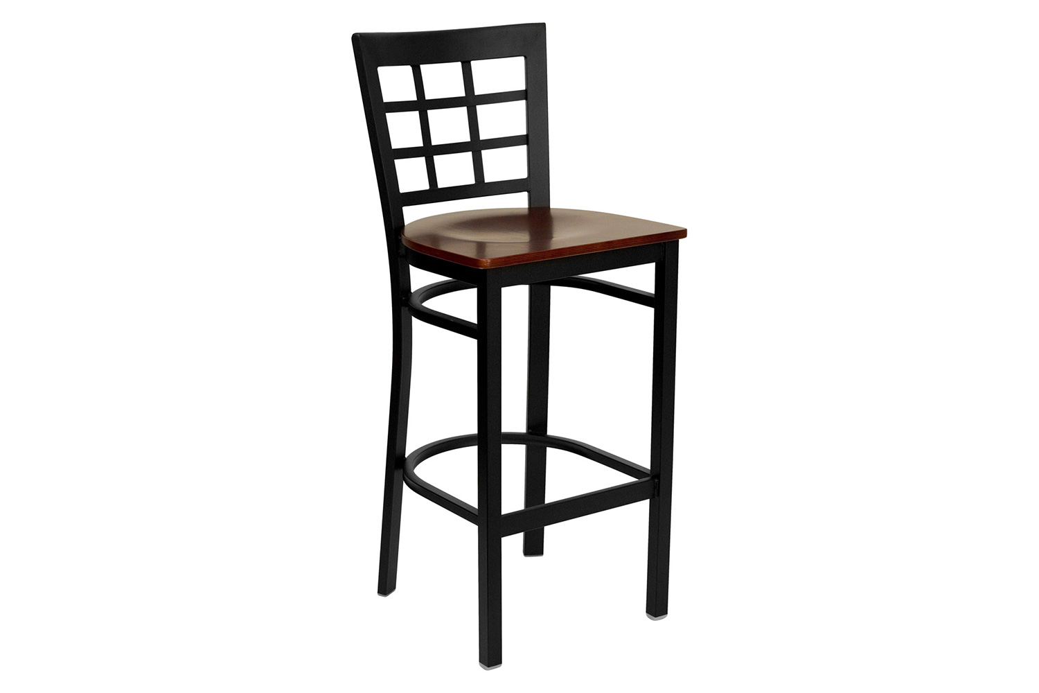 BLNK HERCULES Series Black Metal Window Back Restaurant Bar Stool with Wood Seat - Mahogany