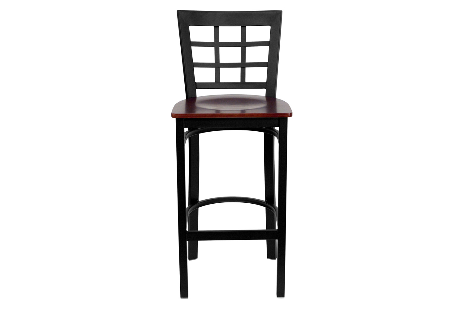 BLNK HERCULES Series Black Metal Window Back Restaurant Bar Stool with Wood Seat - Mahogany