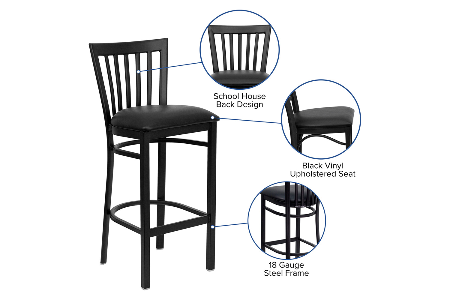 BLNK HERCULES Series Black Metal School House Back Restaurant Bar Stool with Vinyl Seat - Black