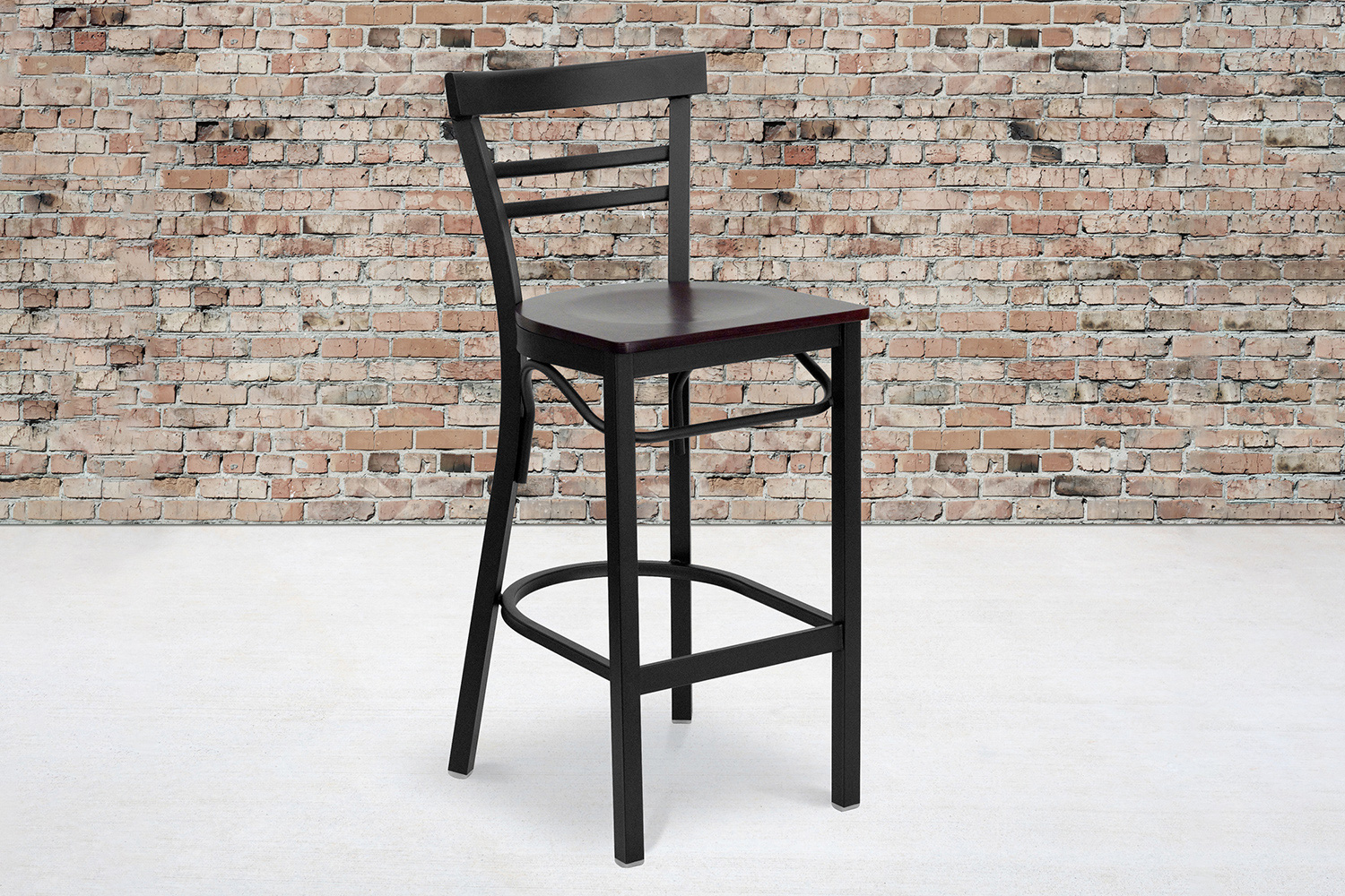 BLNK HERCULES Series Black Metal Two-Slat Ladder Back Restaurant Bar Stool with Wood Seat