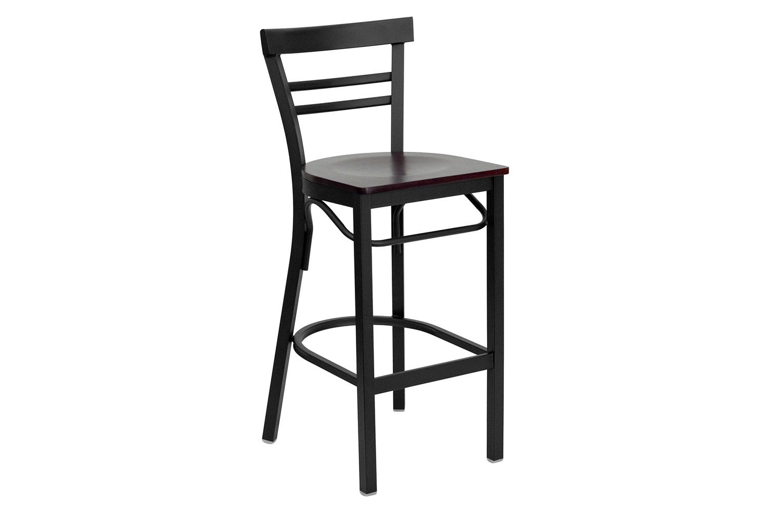 BLNK HERCULES Series Black Metal Two-Slat Ladder Back Restaurant Bar Stool with Wood Seat - Mahogany