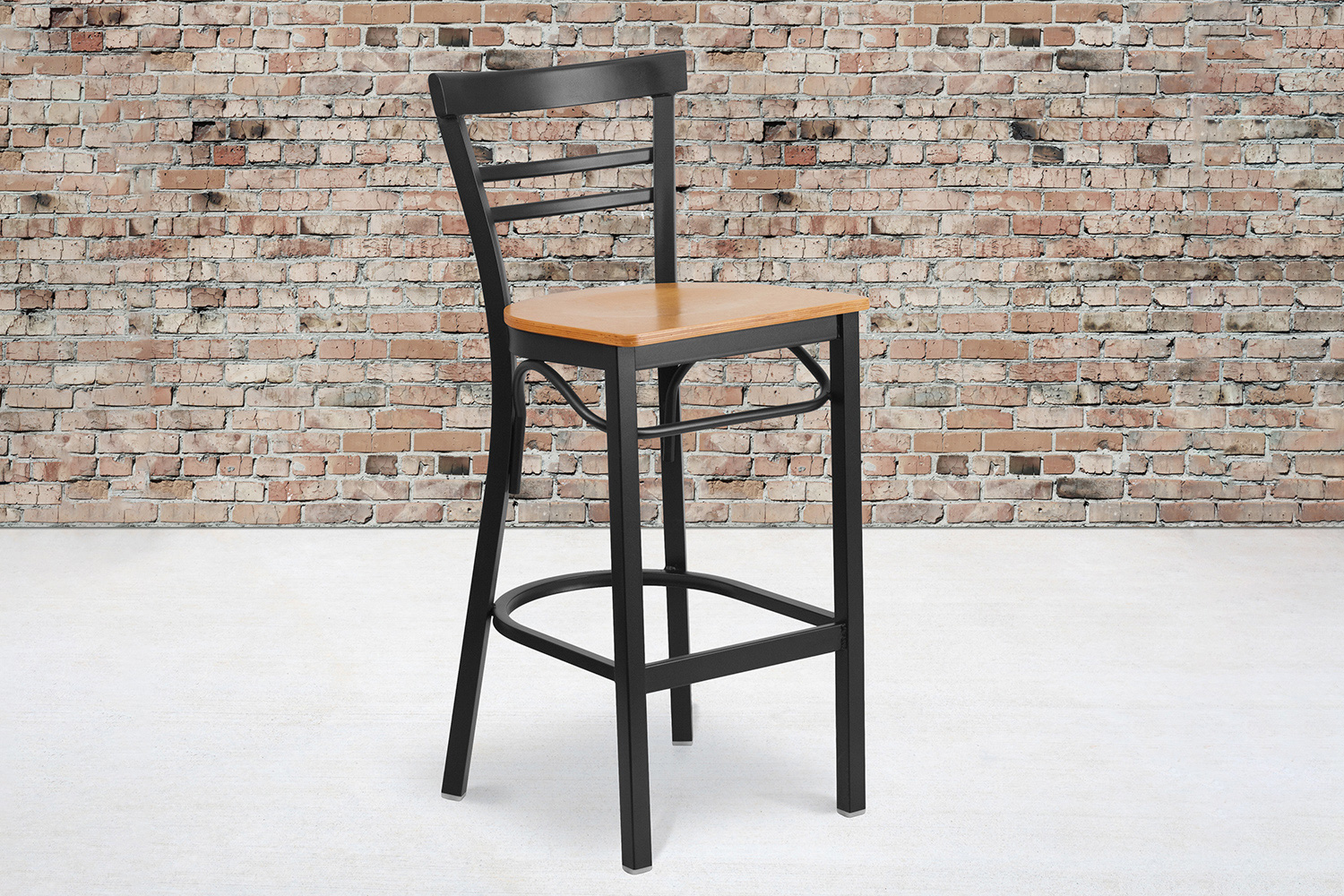 BLNK HERCULES Series Black Metal Two-Slat Ladder Back Restaurant Bar Stool with Wood Seat