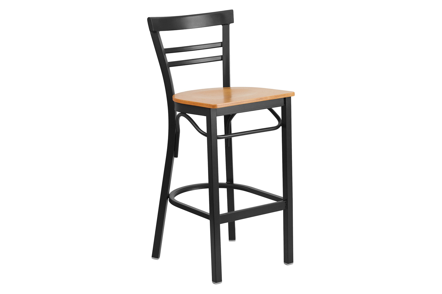 BLNK HERCULES Series Black Metal Two-Slat Ladder Back Restaurant Bar Stool with Wood Seat - Natural