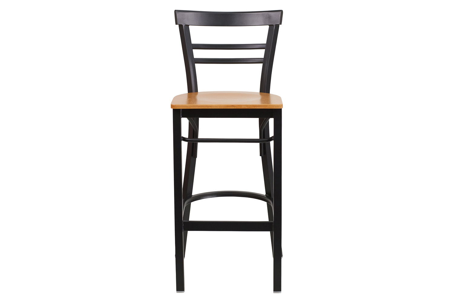 BLNK HERCULES Series Black Metal Two-Slat Ladder Back Restaurant Bar Stool with Wood Seat - Natural