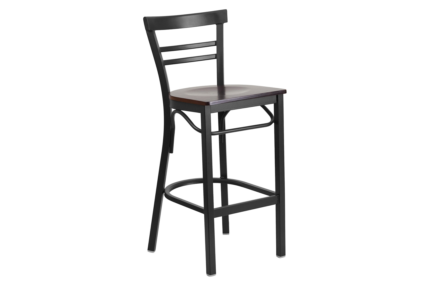 BLNK HERCULES Series Black Metal Two-Slat Ladder Back Restaurant Bar Stool with Wood Seat - Walnut