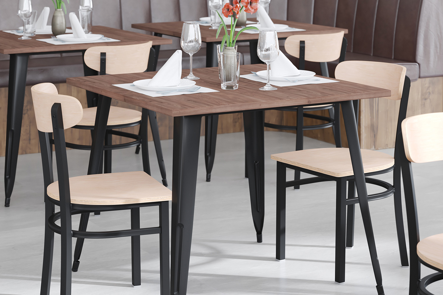 BLNK Wright Commercial Dining Chair with Black Steel Frame, Solid Wood Seat, and Boomerang Back - Natural Birch