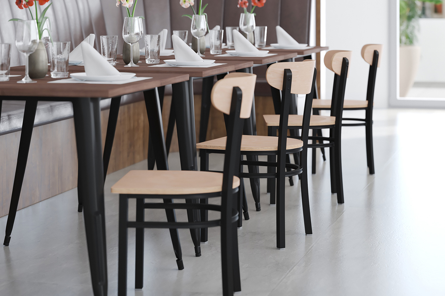 BLNK Wright Commercial Dining Chair with Black Steel Frame, Solid Wood Seat, and Boomerang Back - Natural Birch