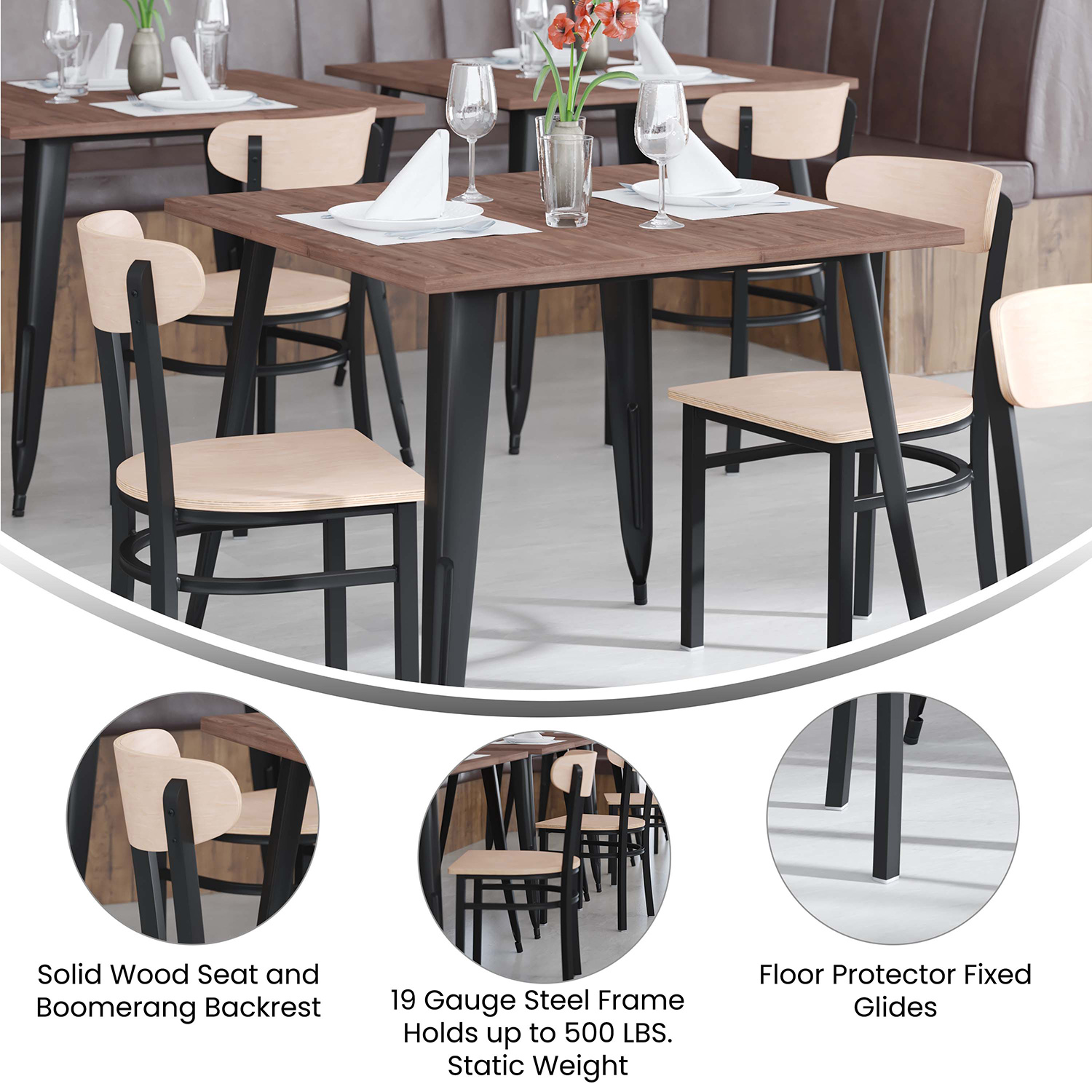 BLNK Wright Commercial Dining Chair with Black Steel Frame, Solid Wood Seat, and Boomerang Back - Natural Birch