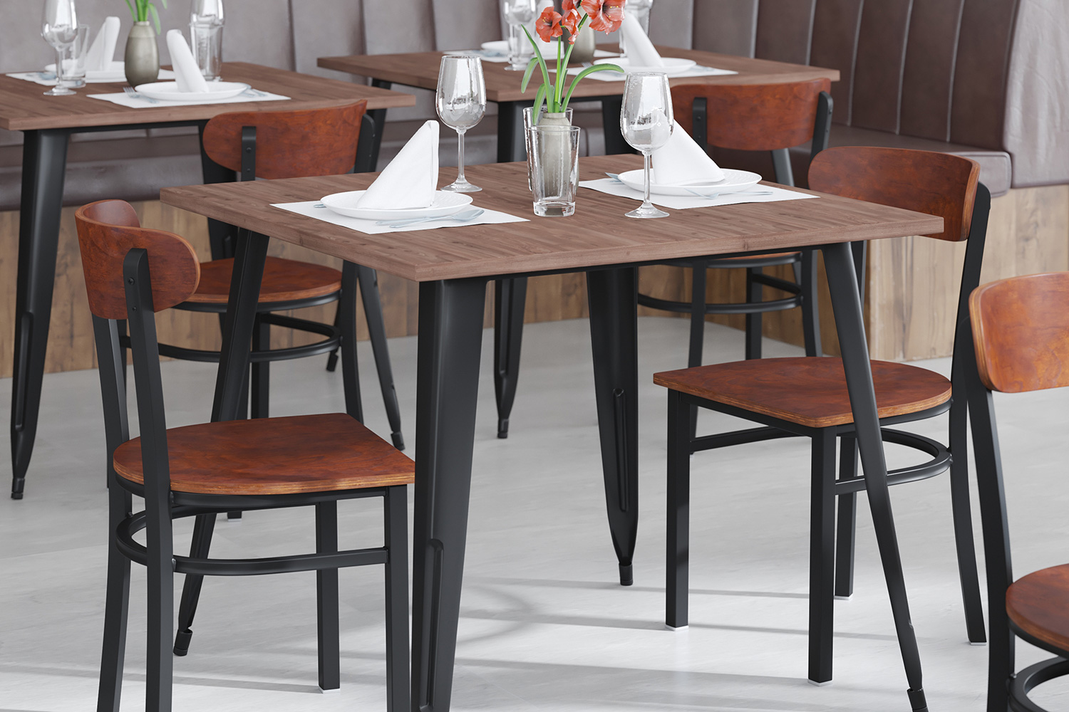 BLNK Wright Commercial Dining Chair with Black Steel Frame, Solid Wood Seat, and Boomerang Back