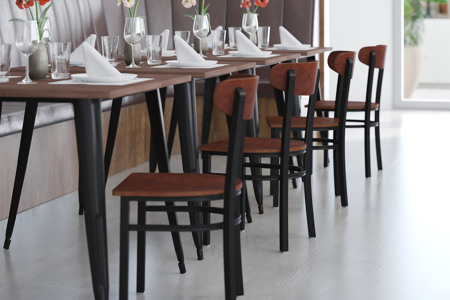 BLNK Wright Commercial Dining Chair with Black Steel Frame, Solid Wood Seat, and Boomerang Back - Walnut