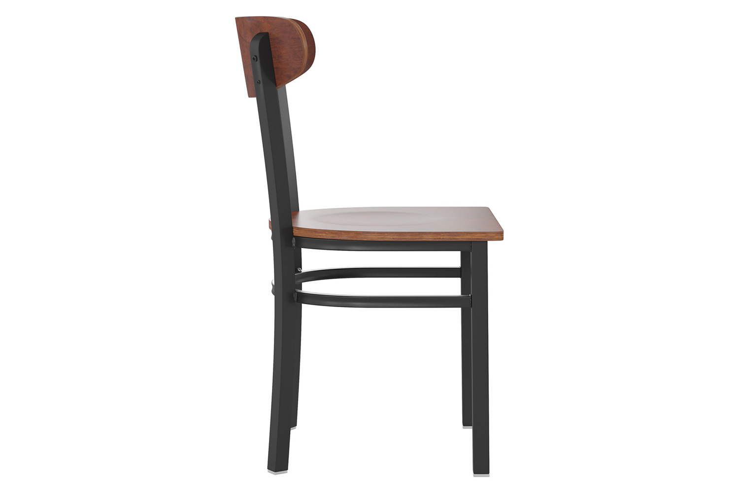 BLNK Wright Commercial Dining Chair with Black Steel Frame, Solid Wood Seat, and Boomerang Back - Walnut