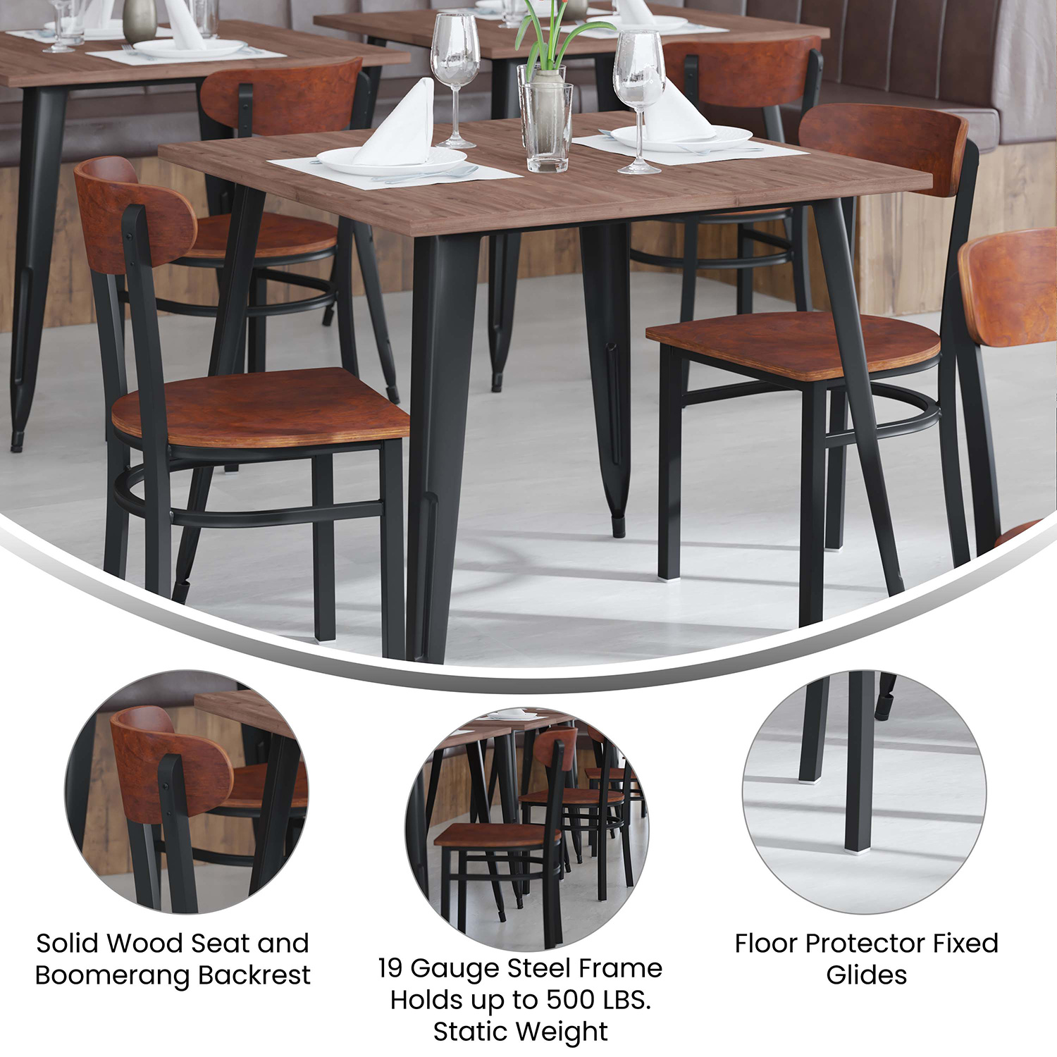 BLNK Wright Commercial Dining Chair with Black Steel Frame, Solid Wood Seat, and Boomerang Back - Walnut