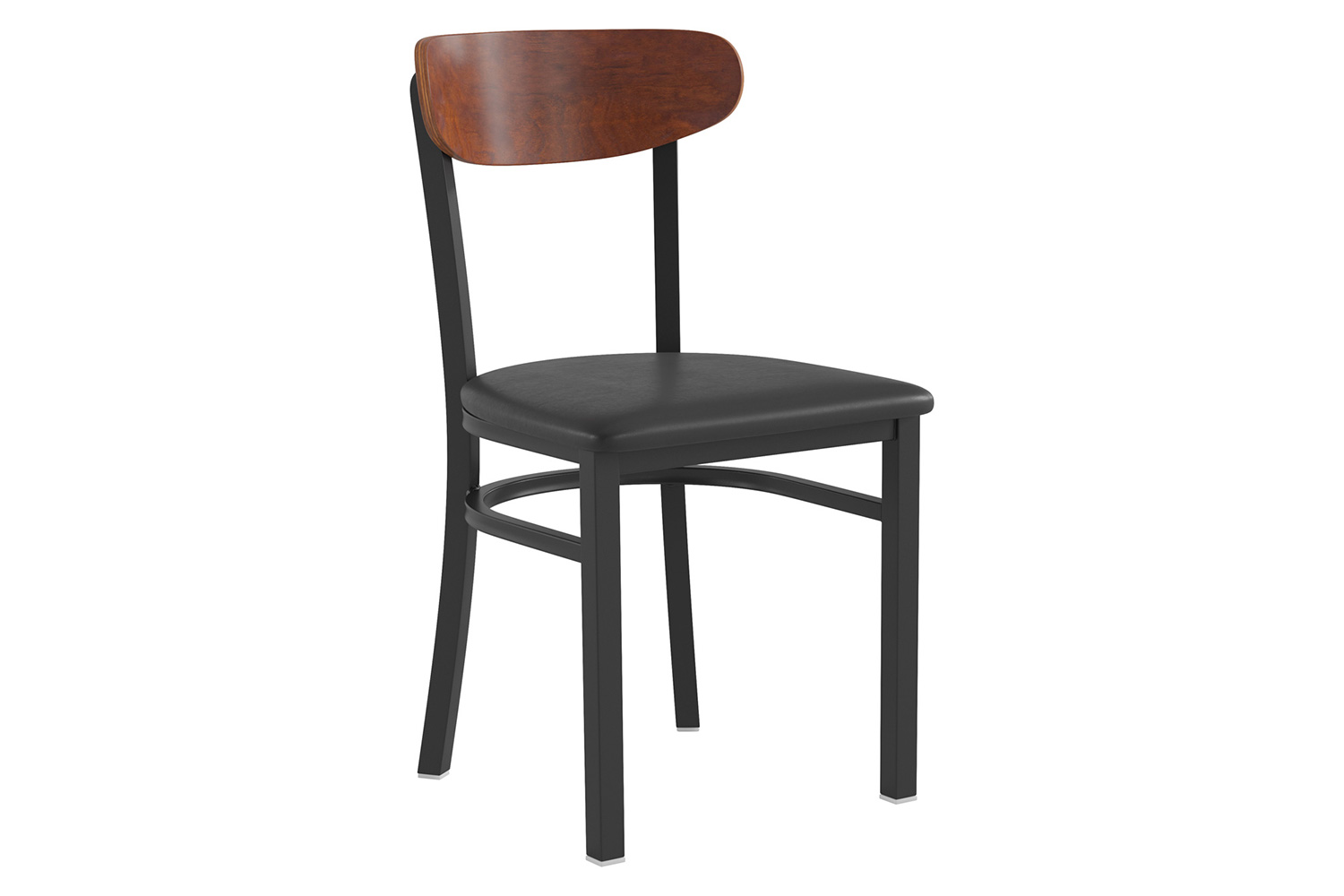 BLNK Wright Commercial Vinyl Dining Chair with Walnut Finish Wooden Boomerang Back - Black