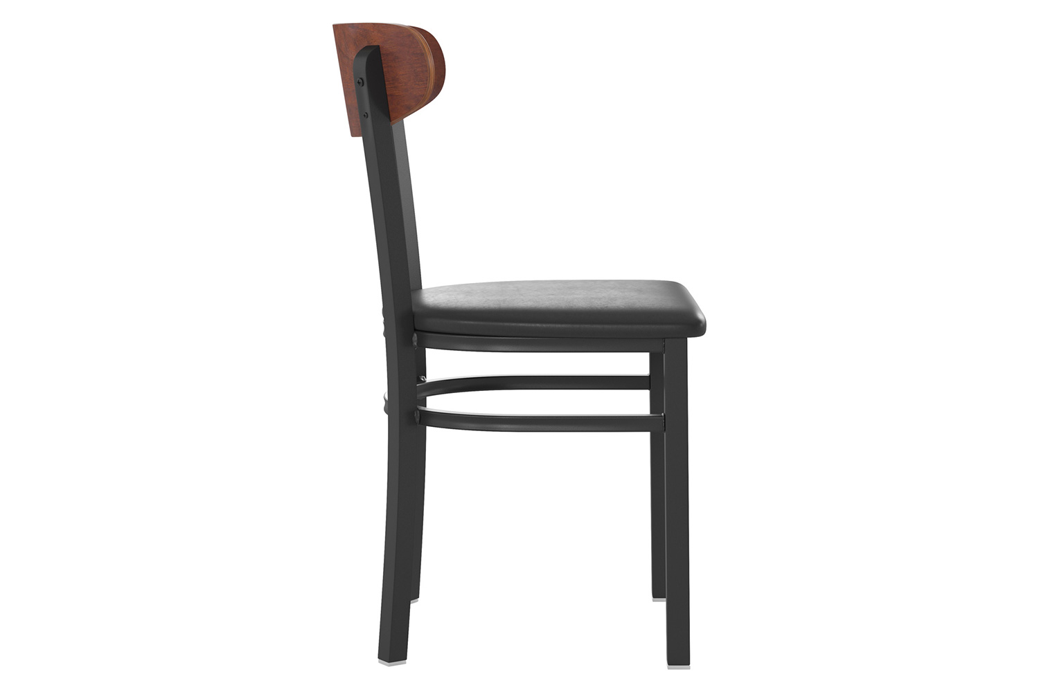 BLNK Wright Commercial Vinyl Dining Chair with Walnut Finish Wooden Boomerang Back - Black