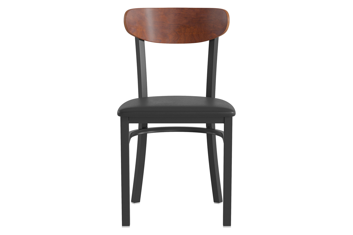 BLNK Wright Commercial Vinyl Dining Chair with Walnut Finish Wooden Boomerang Back - Black