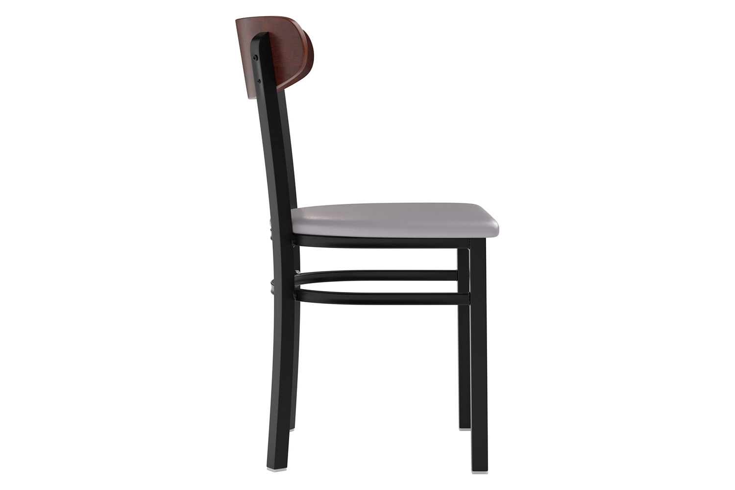 BLNK Wright Commercial Vinyl Dining Chair with Walnut Finish Wooden Boomerang Back - Gray