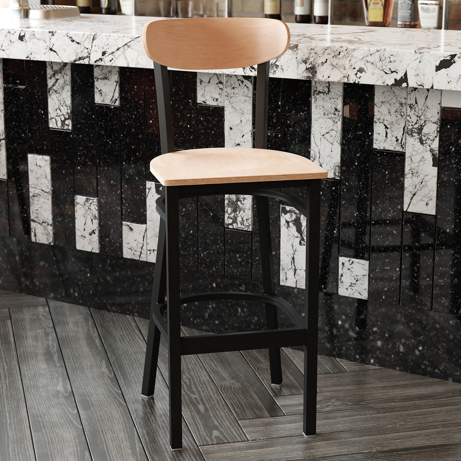 BLNK Wright Commercial Bar Stool Black Steel Frame with Wooden Boomerang Back and Solid Wood Seat