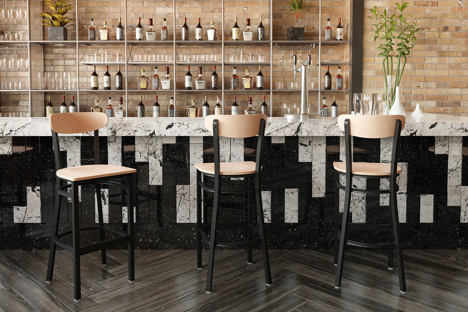 BLNK Wright Commercial Bar Stool Black Steel Frame with Wooden Boomerang Back and Solid Wood Seat - Natural Birch