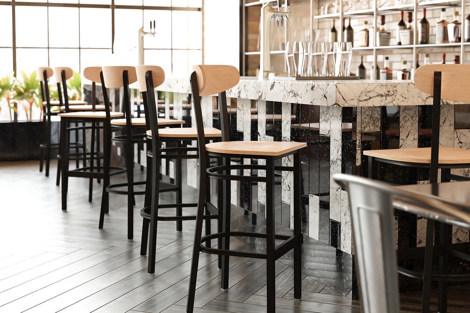 BLNK Wright Commercial Bar Stool Black Steel Frame with Wooden Boomerang Back and Solid Wood Seat - Natural Birch