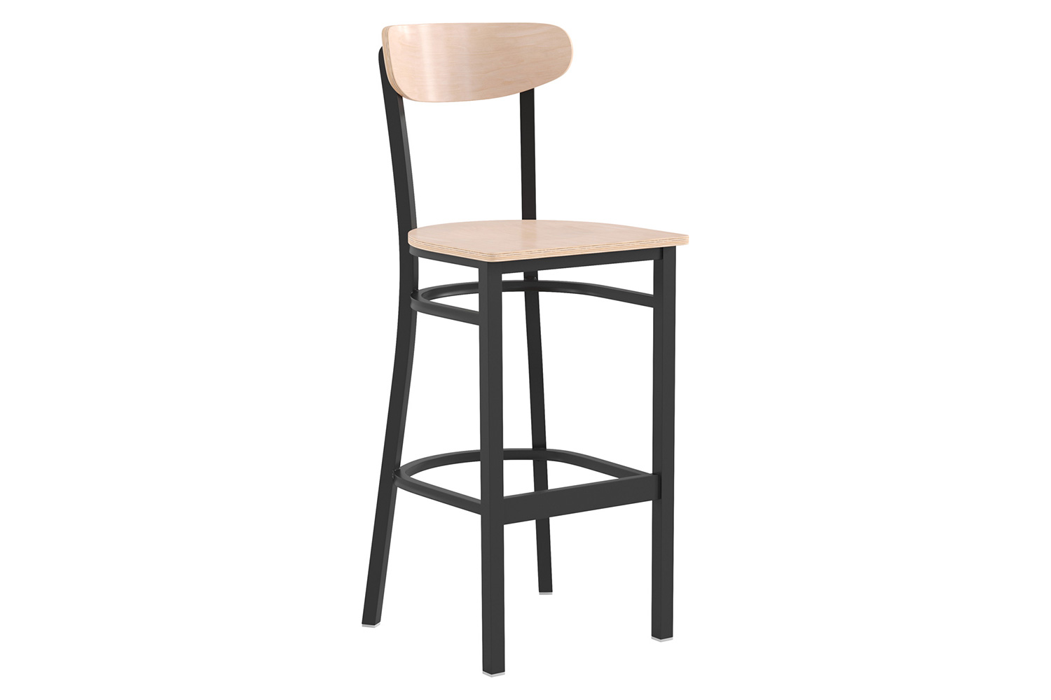 BLNK Wright Commercial Bar Stool Black Steel Frame with Wooden Boomerang Back and Solid Wood Seat - Natural Birch