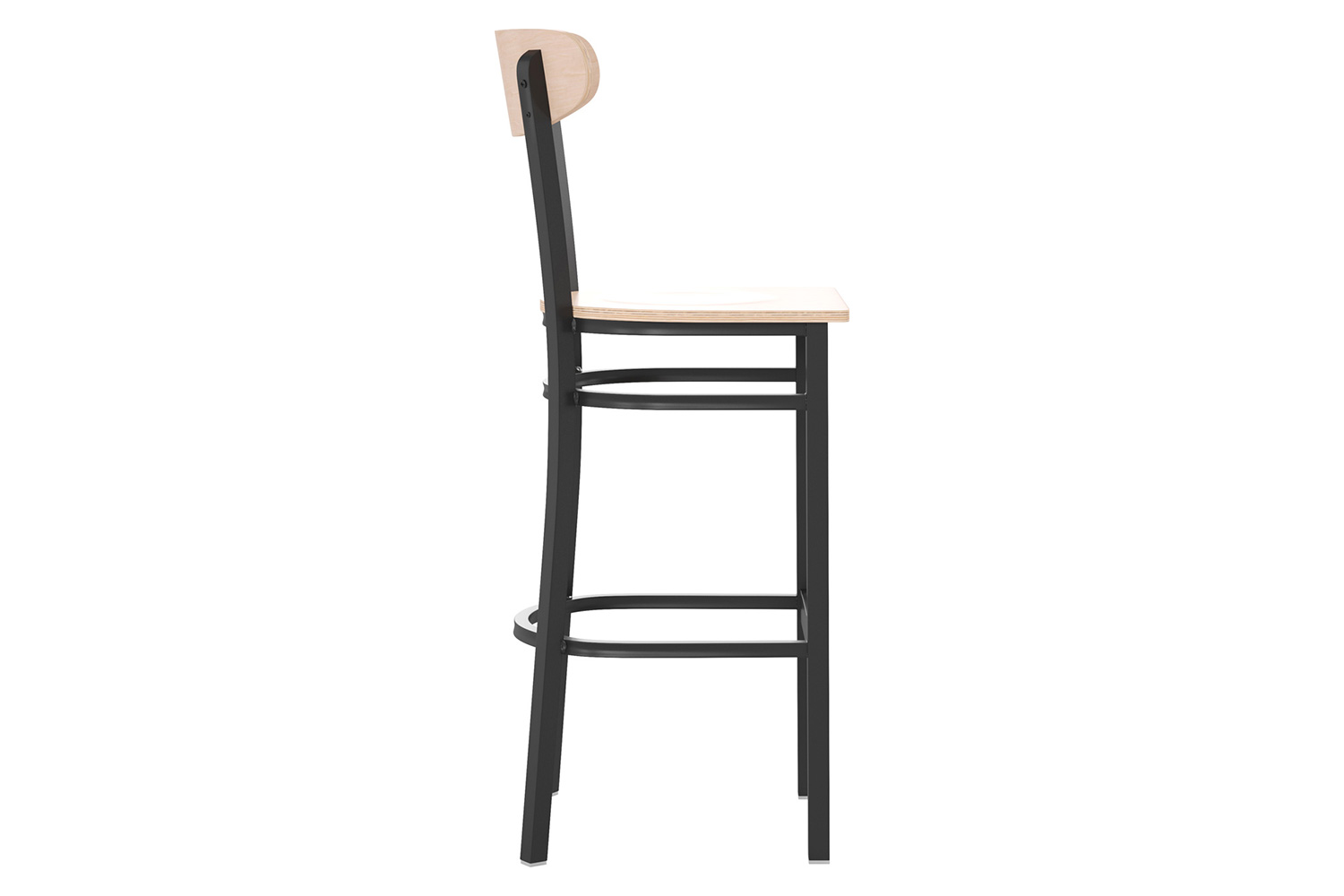 BLNK Wright Commercial Bar Stool Black Steel Frame with Wooden Boomerang Back and Solid Wood Seat - Natural Birch