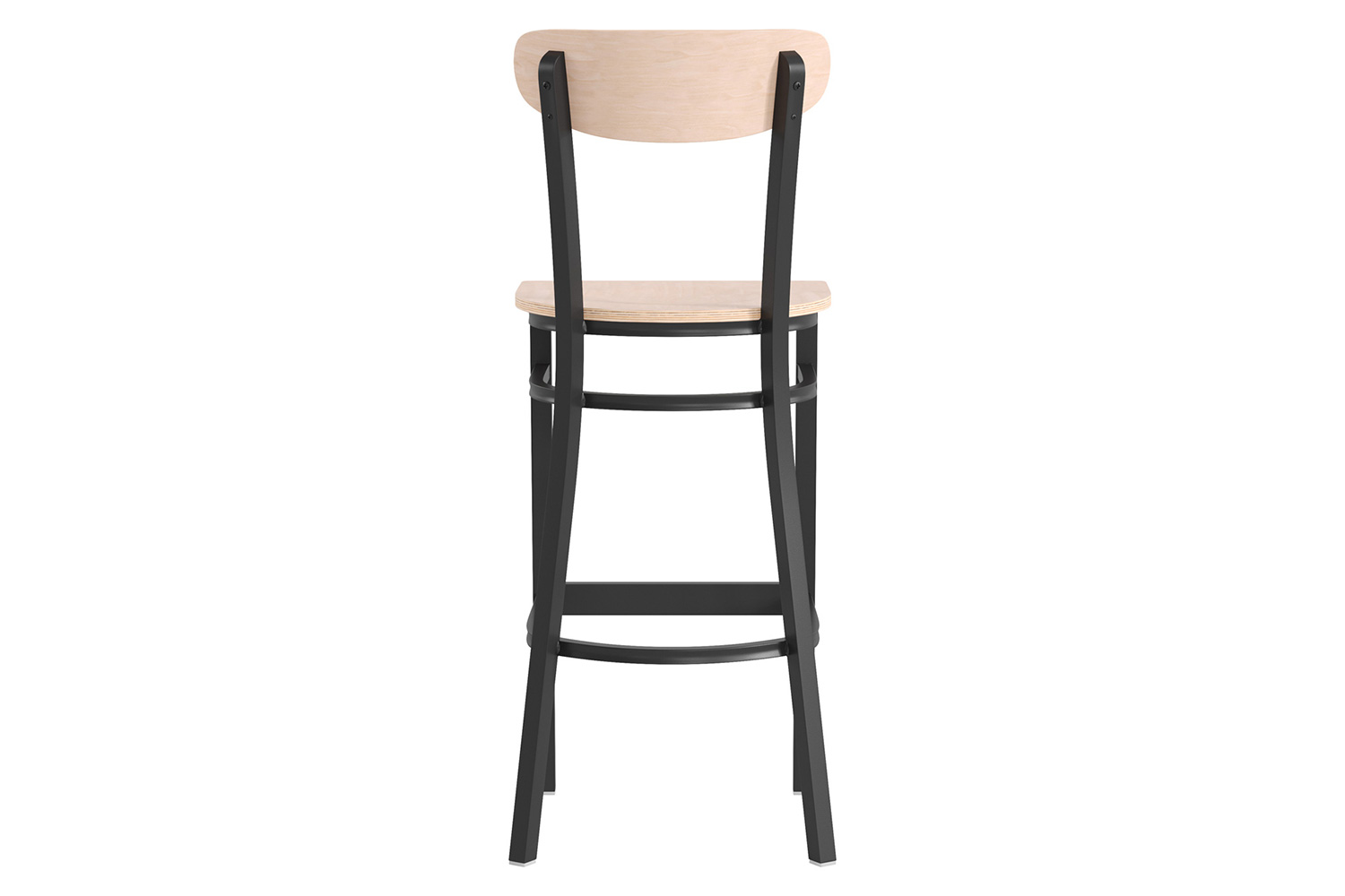 BLNK Wright Commercial Bar Stool Black Steel Frame with Wooden Boomerang Back and Solid Wood Seat - Natural Birch