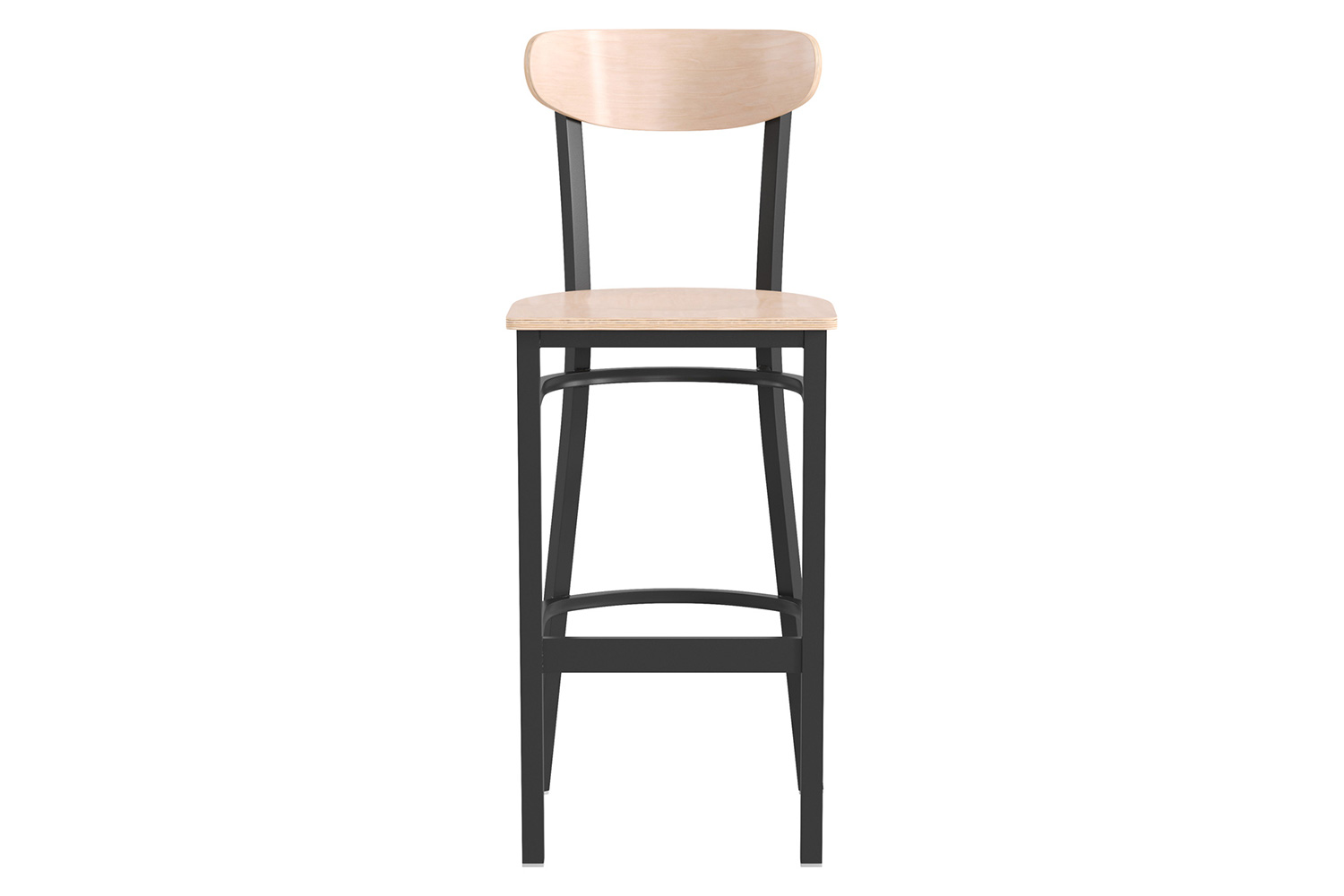 BLNK Wright Commercial Bar Stool Black Steel Frame with Wooden Boomerang Back and Solid Wood Seat - Natural Birch