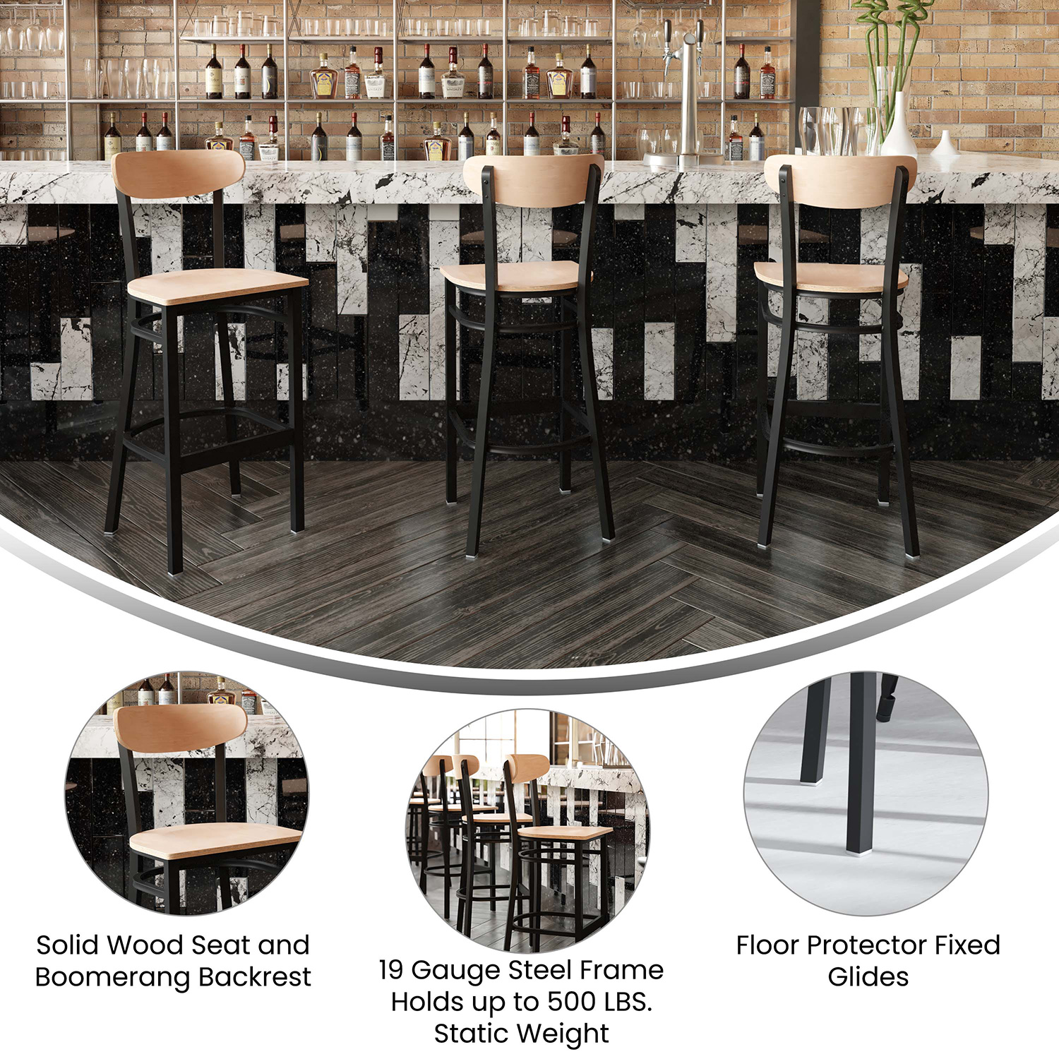 BLNK Wright Commercial Bar Stool Black Steel Frame with Wooden Boomerang Back and Solid Wood Seat - Natural Birch