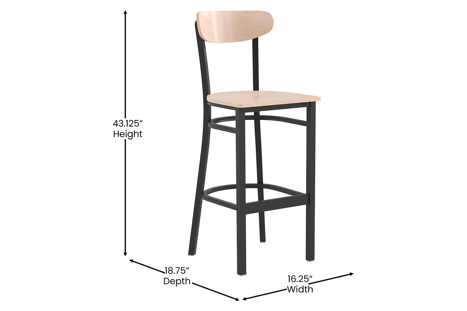 BLNK Wright Commercial Bar Stool Black Steel Frame with Wooden Boomerang Back and Solid Wood Seat - Natural Birch