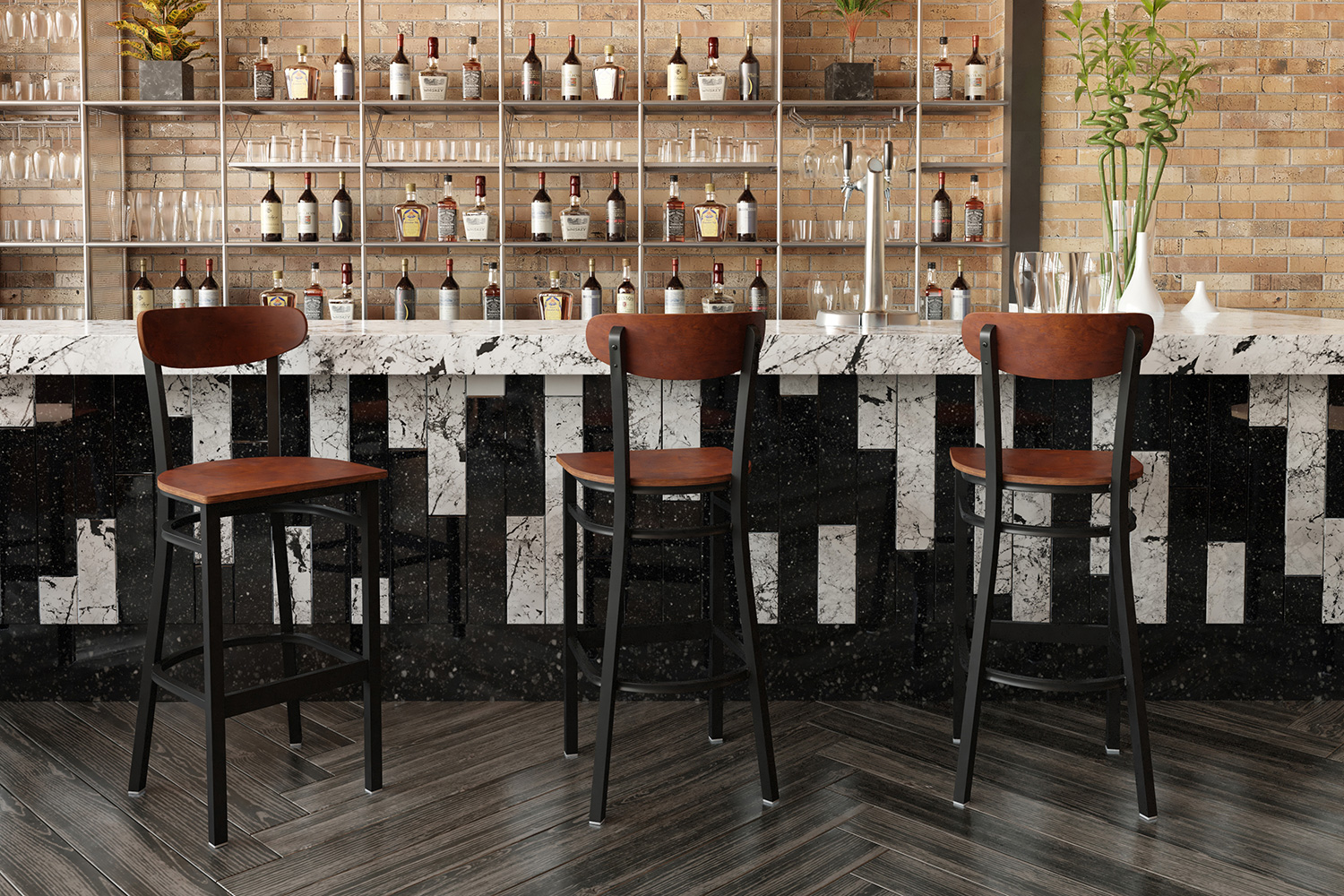 BLNK Wright Commercial Bar Stool Black Steel Frame with Wooden Boomerang Back and Solid Wood Seat