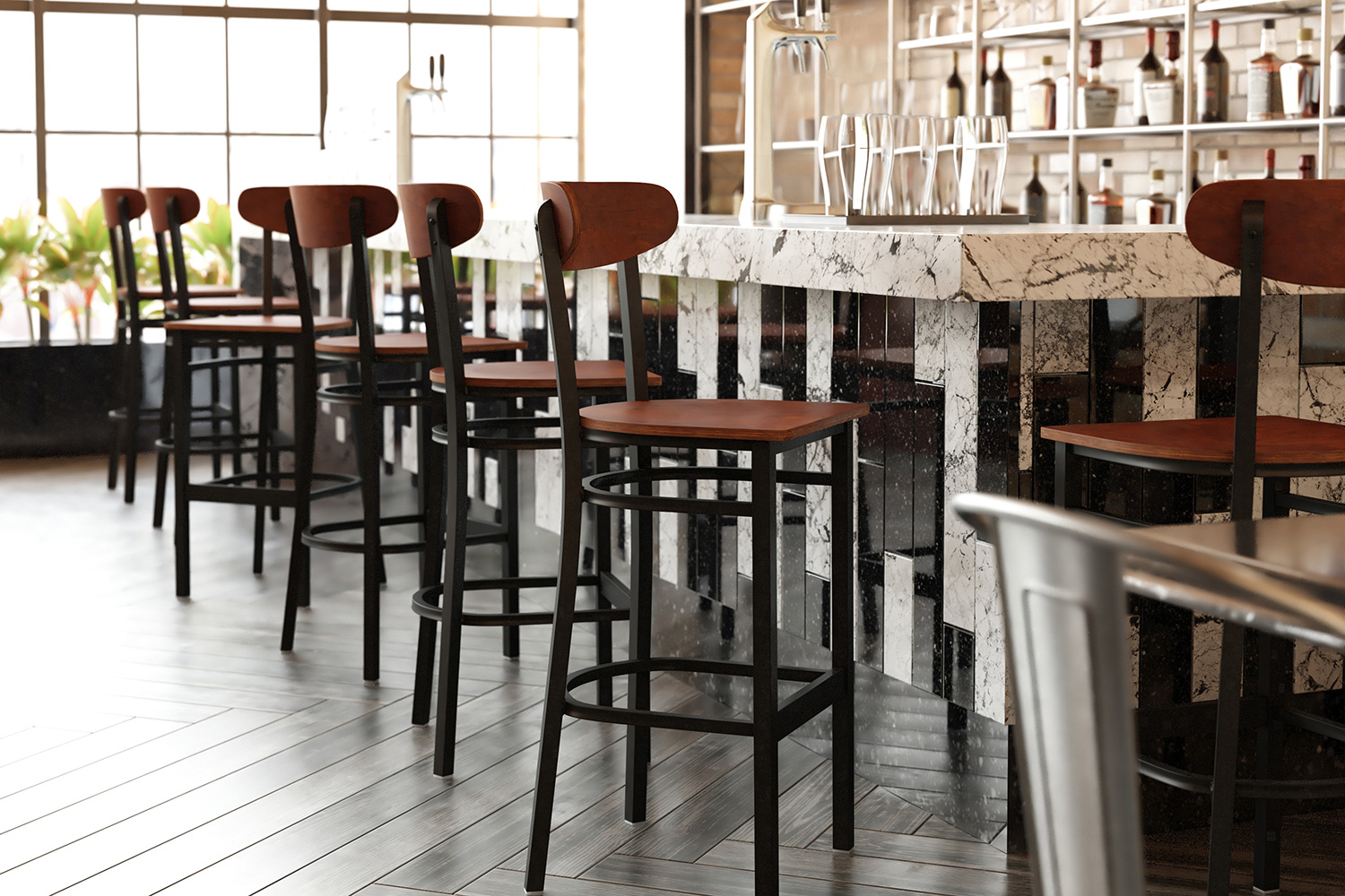 BLNK Wright Commercial Bar Stool Black Steel Frame with Wooden Boomerang Back and Solid Wood Seat - Walnut