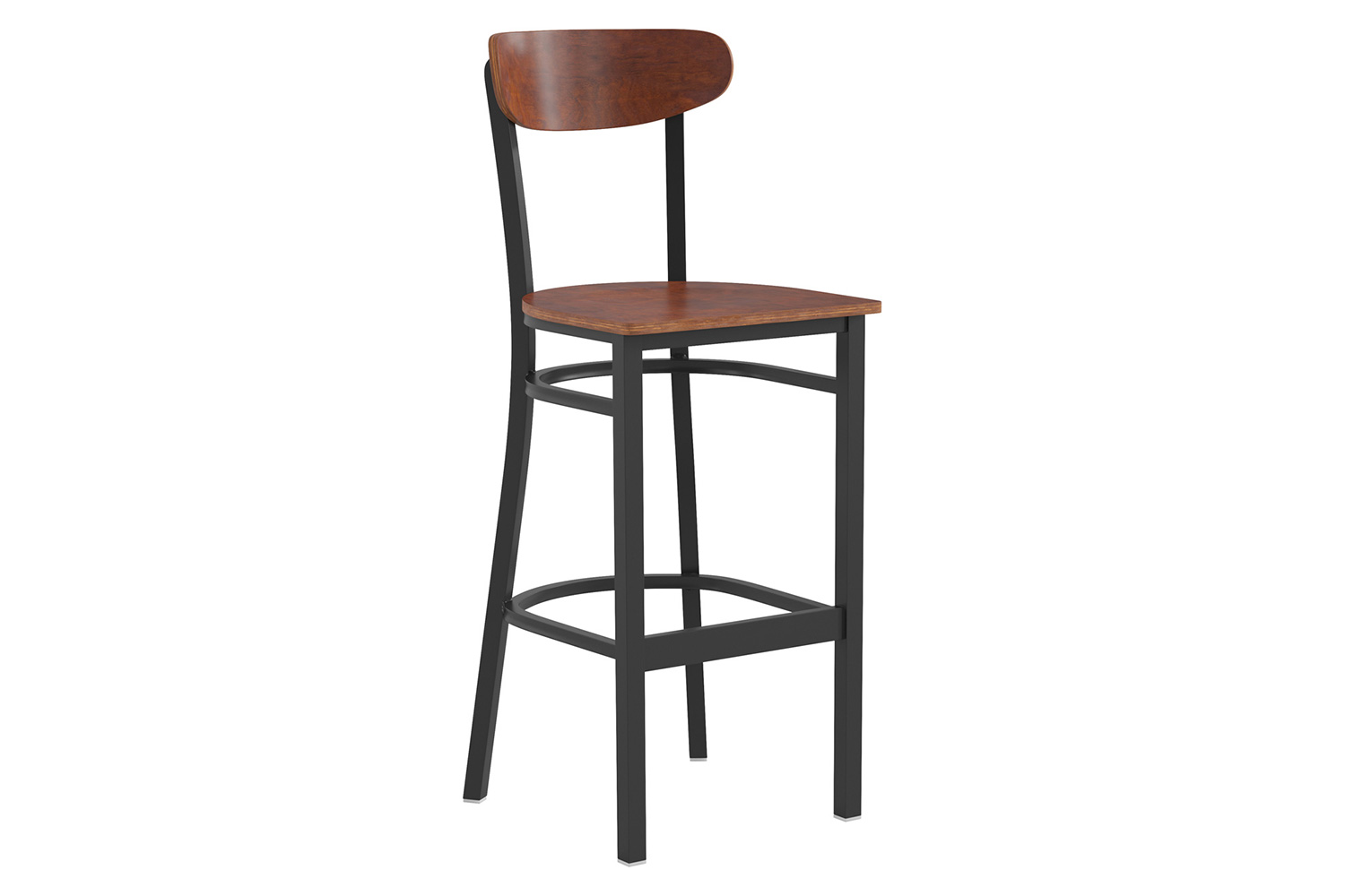 BLNK Wright Commercial Bar Stool Black Steel Frame with Wooden Boomerang Back and Solid Wood Seat - Walnut