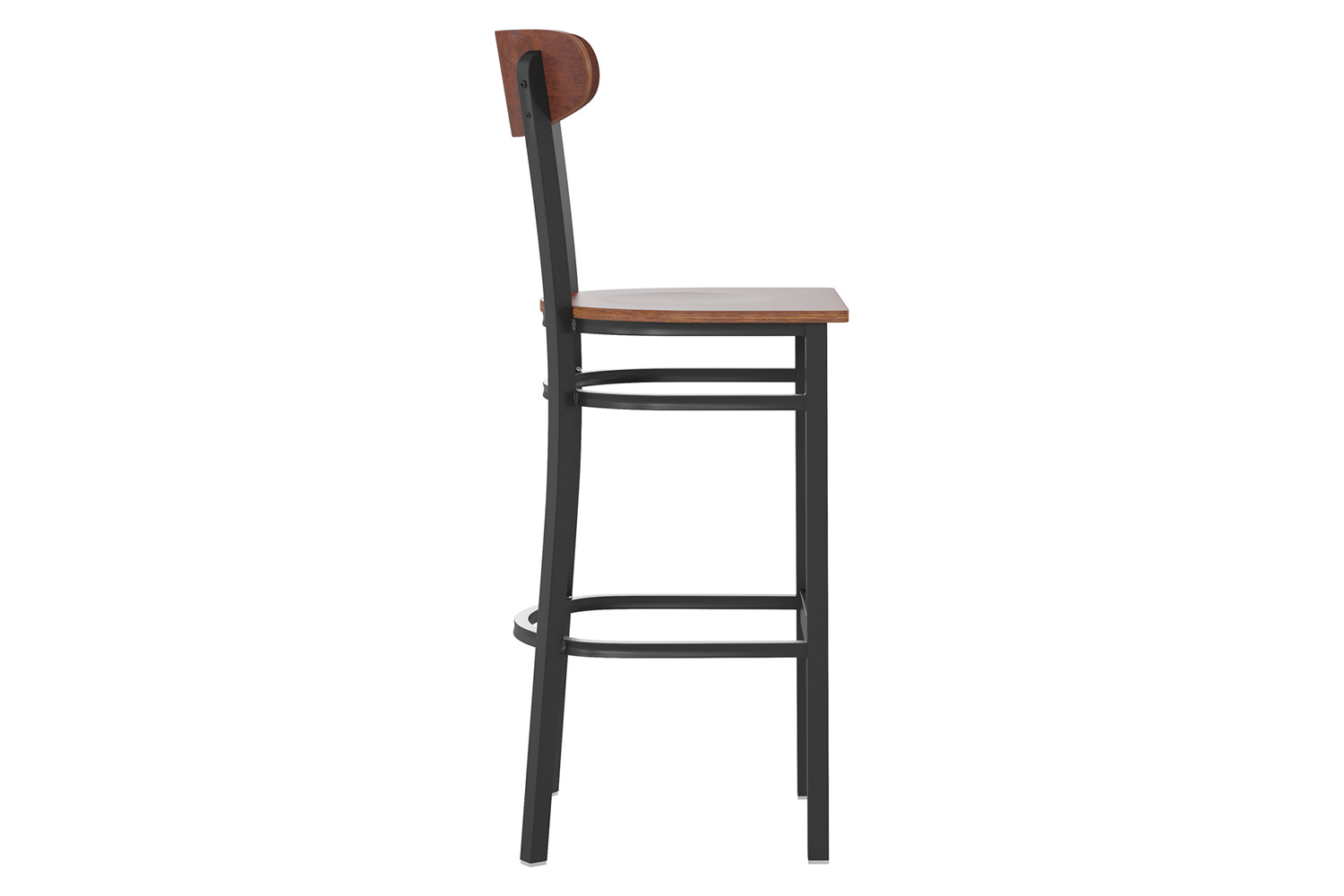 BLNK Wright Commercial Bar Stool Black Steel Frame with Wooden Boomerang Back and Solid Wood Seat - Walnut