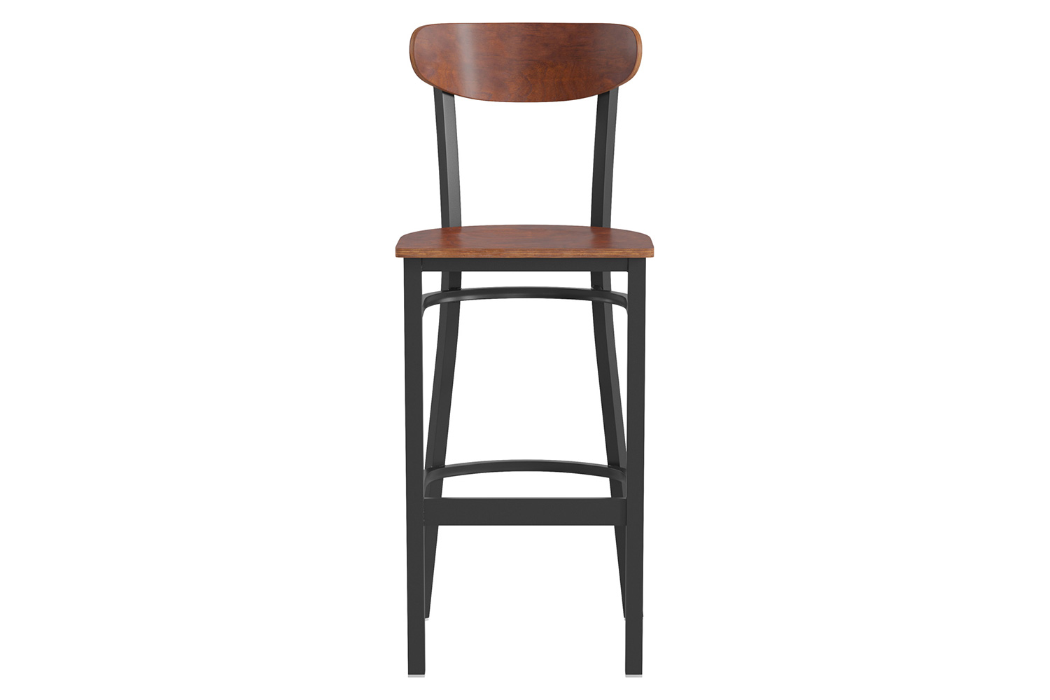 BLNK Wright Commercial Bar Stool Black Steel Frame with Wooden Boomerang Back and Solid Wood Seat - Walnut