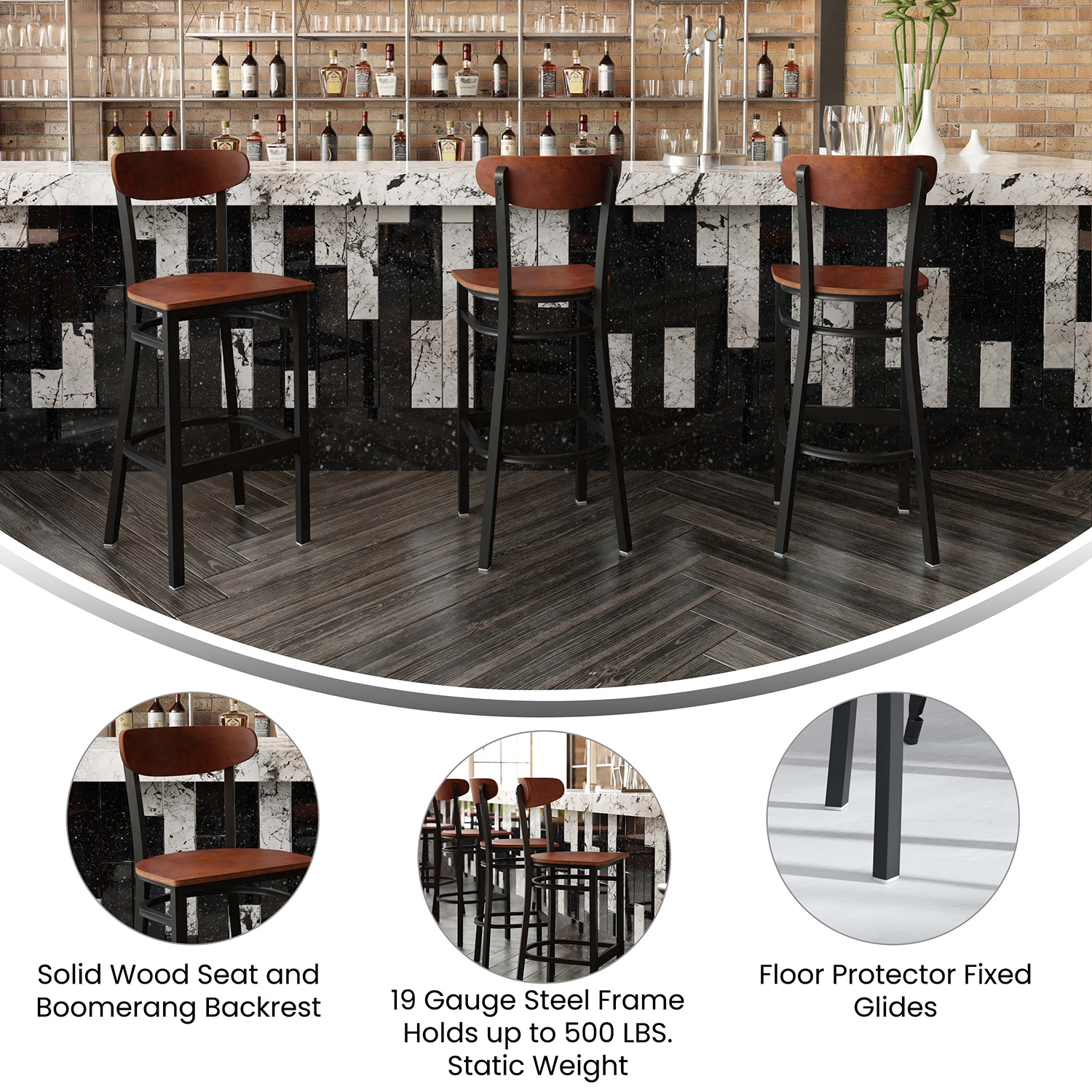 BLNK Wright Commercial Bar Stool Black Steel Frame with Wooden Boomerang Back and Solid Wood Seat - Walnut